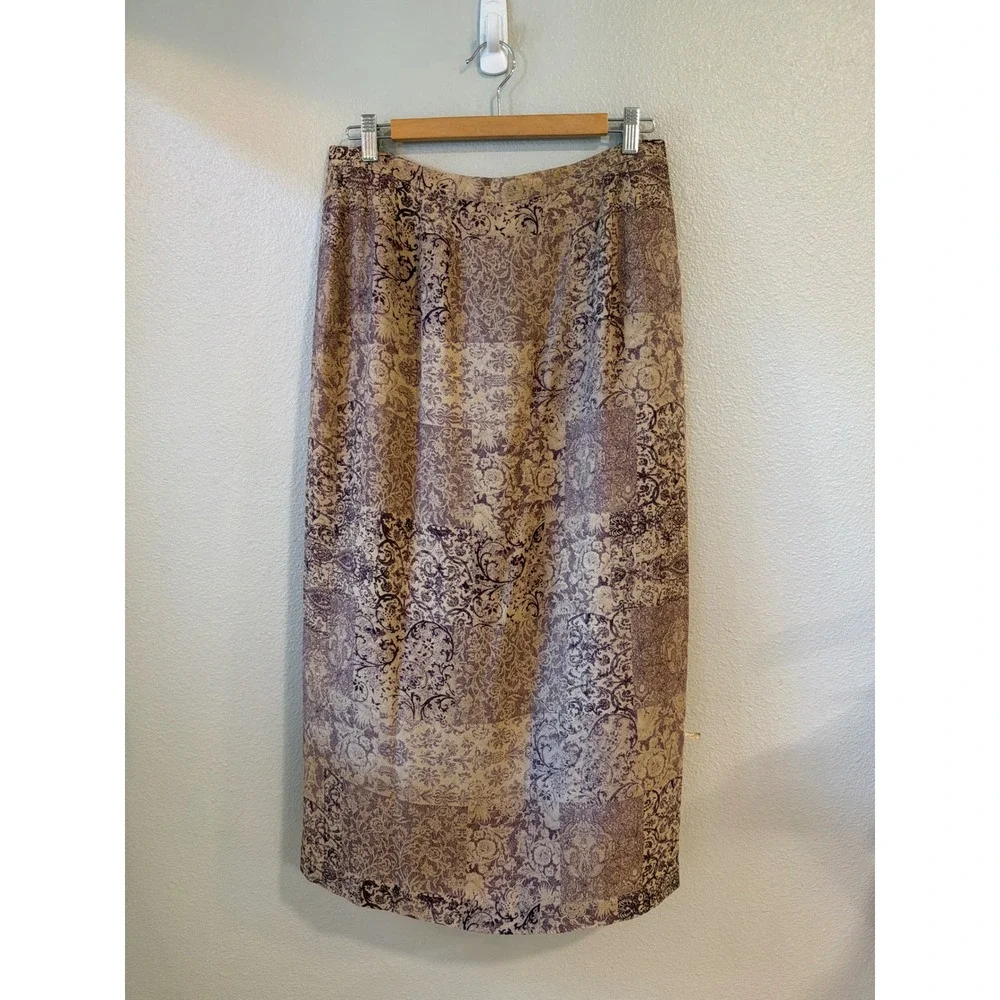 Talbots Silk Maxi Skirt Women 14 Tan Purple Damask Patchwork Print Lined Vintage